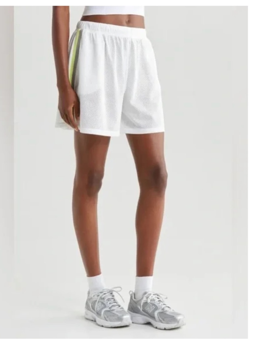 FP Movement by Free People White Mesh Athletic Shorts with Neon Lime Side Stripe